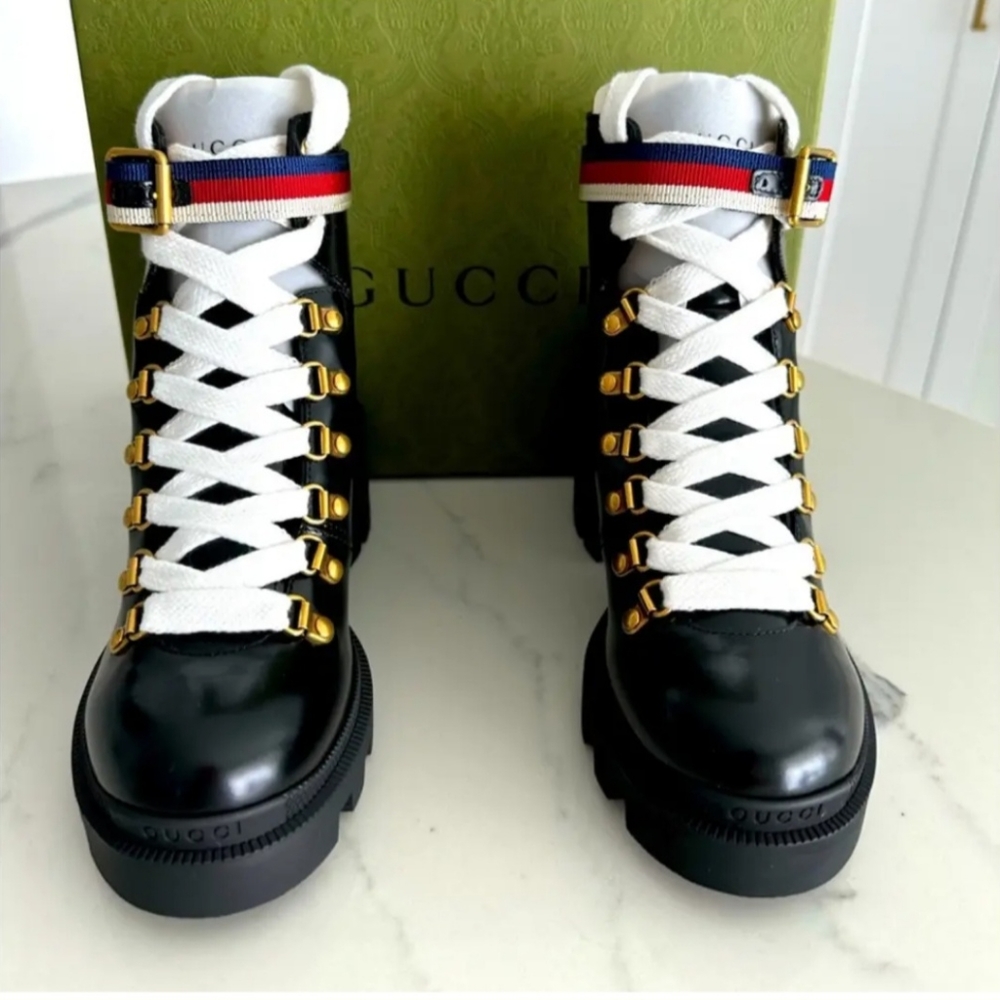 GUCCI SYLVIE WEB COMBAT BOOTS BLACK LEATHER - Picture 4 of 6